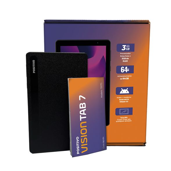 Tablet Positivo Vision TAB 7 3GB RAM 64GB Octa-Core Android 14 Go Wi-Fi - Tela 7" IPS - 3100m Ah - Preto