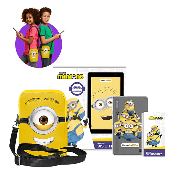 Tablet Positivo Vision Tab 7 Minions - Octa-Core 3GB RAM 64GB, 7" IPS, Android 14 Go, Wi-fi - Capa e Bolsa - Preto