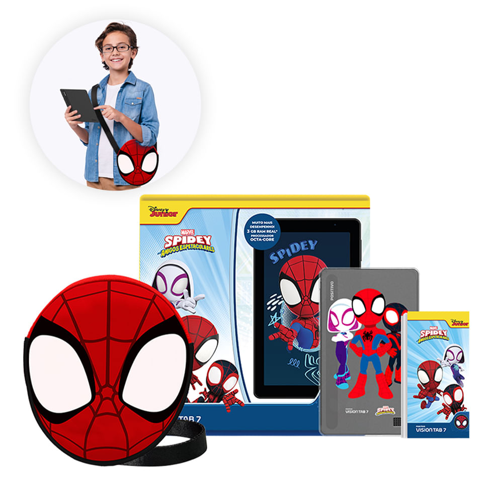 Tablet Positivo Vision Tab 7 Spidey - Octa-Core 3GB RAM 64GB, 7” IPS, Android 14  Go, Wi-fi - Capa e Bolsa - Preto